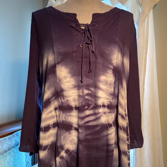 Ava James bell sleeve hi lo tunic Lace up neckline Tie dyed navy and white large - Picture 2 of 15